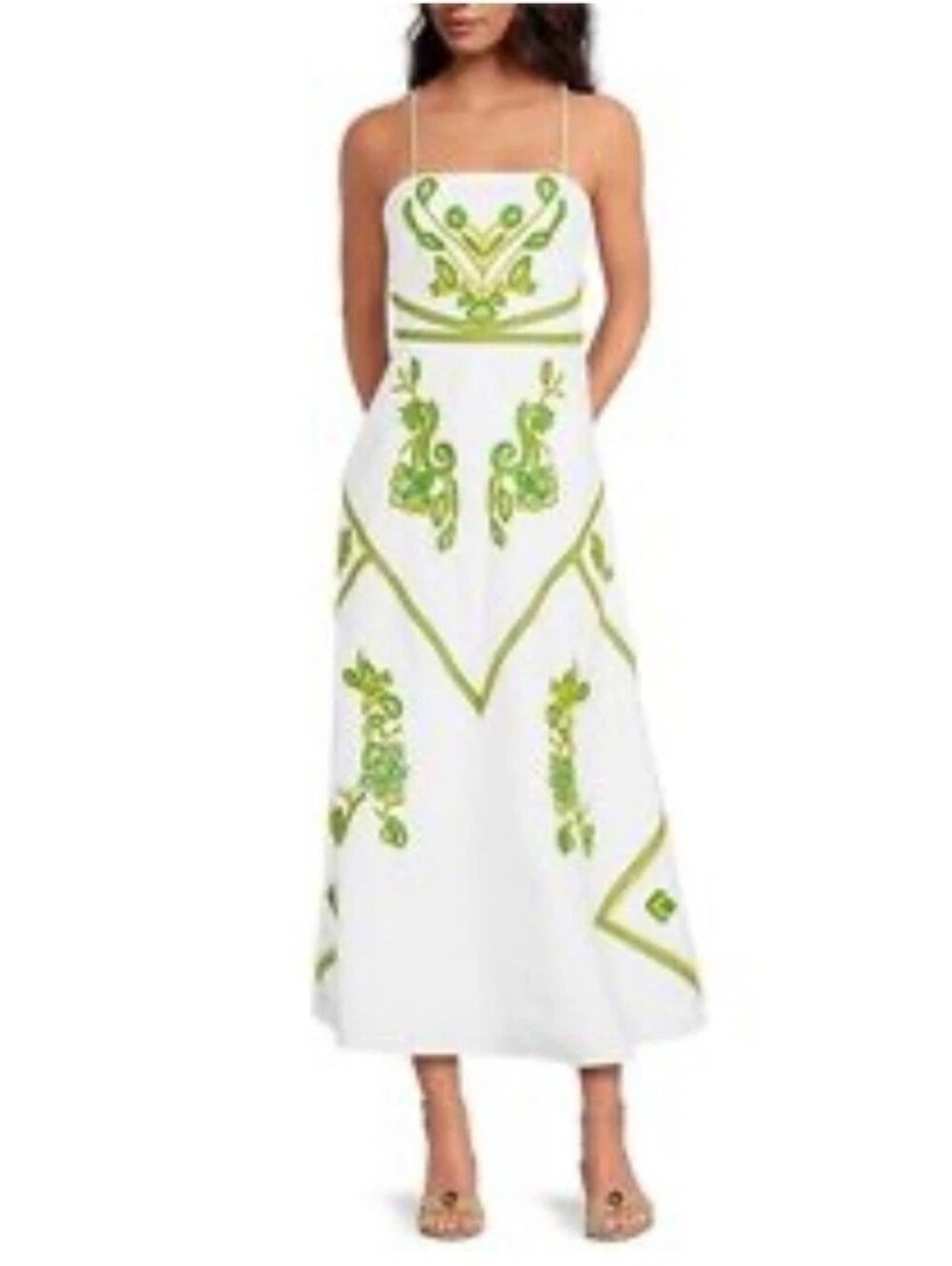Chelsea & Violet White Maxi Dress with Lime Green Embroidery